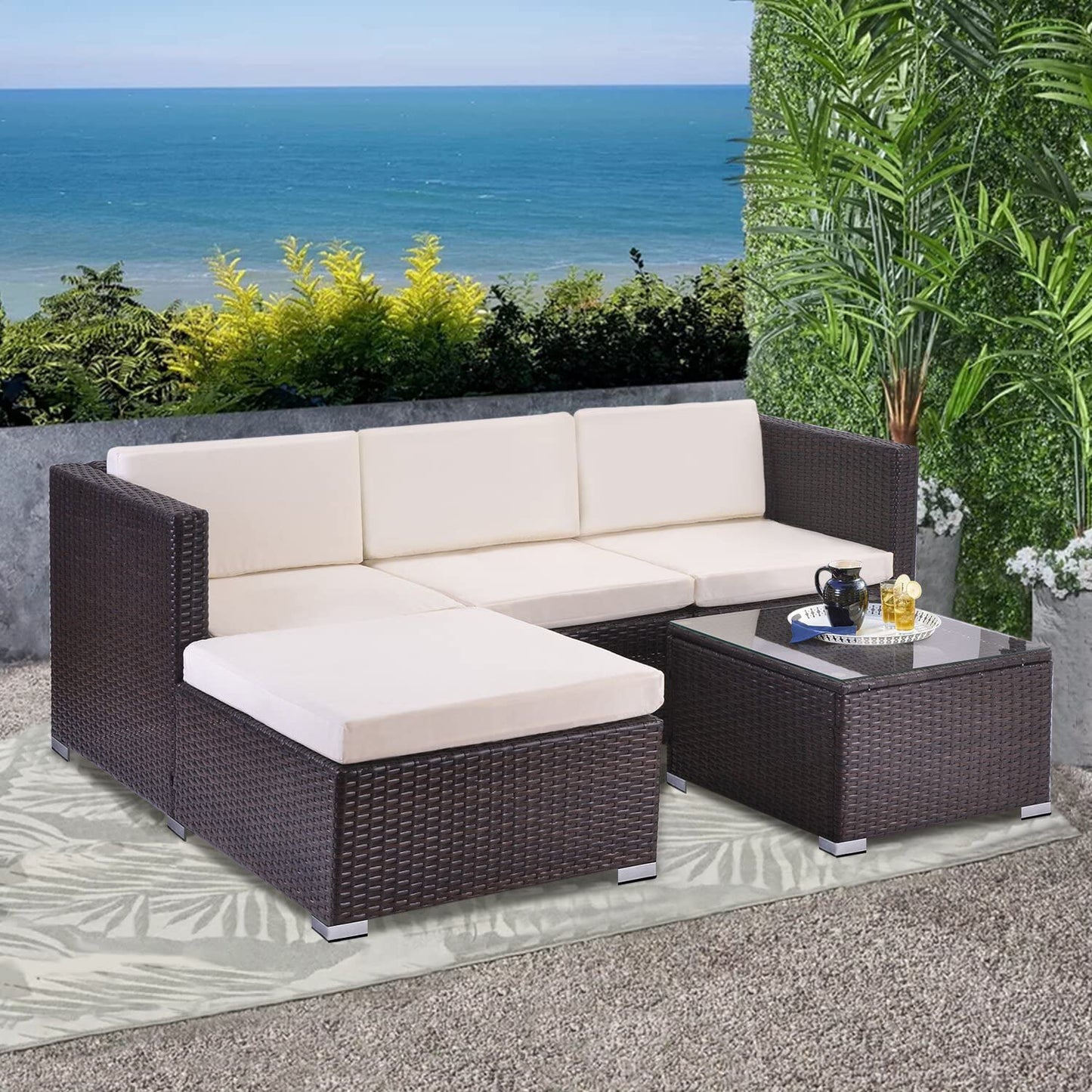 5pcs Rattan Garden Outdoor Furniture Patio Sofa Set with Glass Coffee Table Outdoor Cushions Rupert