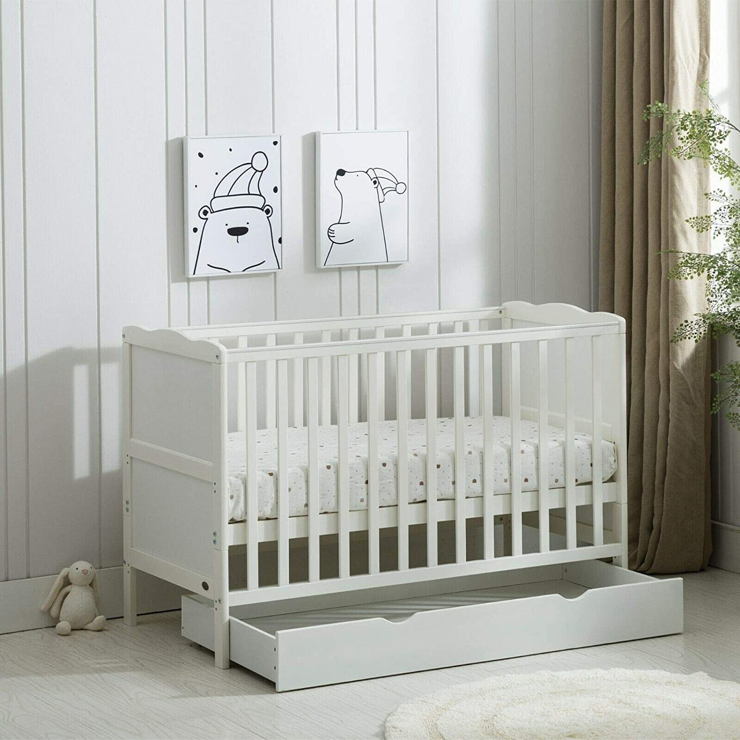 White Wooden Orlando Baby Cot Bed & Rollaway Drawer & Aloe Vera Water Repellent Mattress