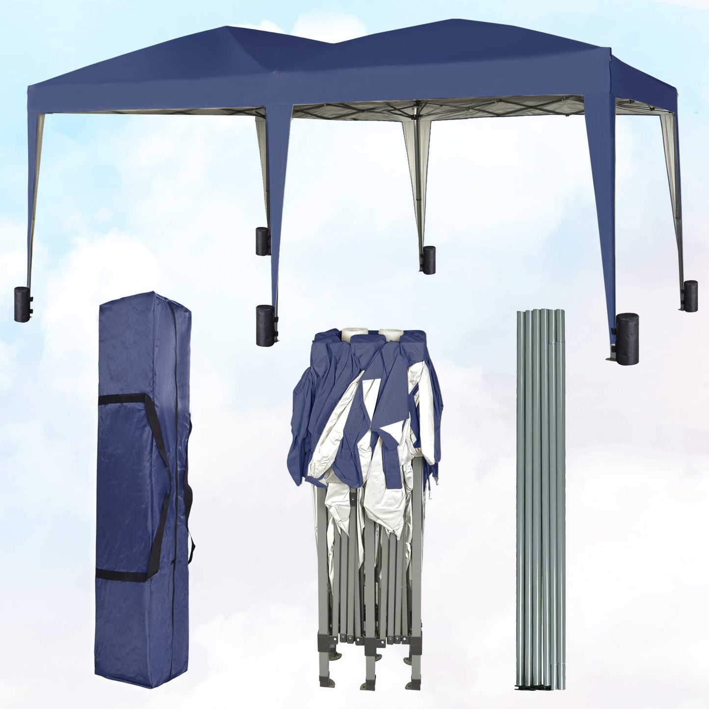 Gazebo Pop-up 3m x 6m with Sides Wind Bars & 6 Weight Bags & Silver Protective Layer Waterproof