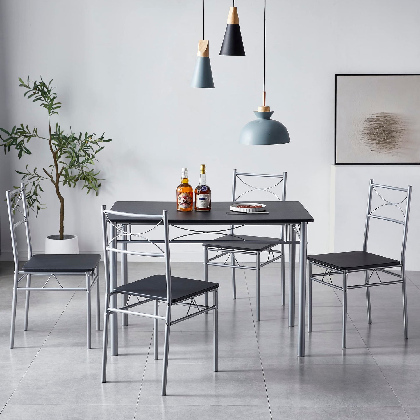 Dining Table and Chairs Set Metal Wood Effect Table Dining Set 4 Chairs Silvia