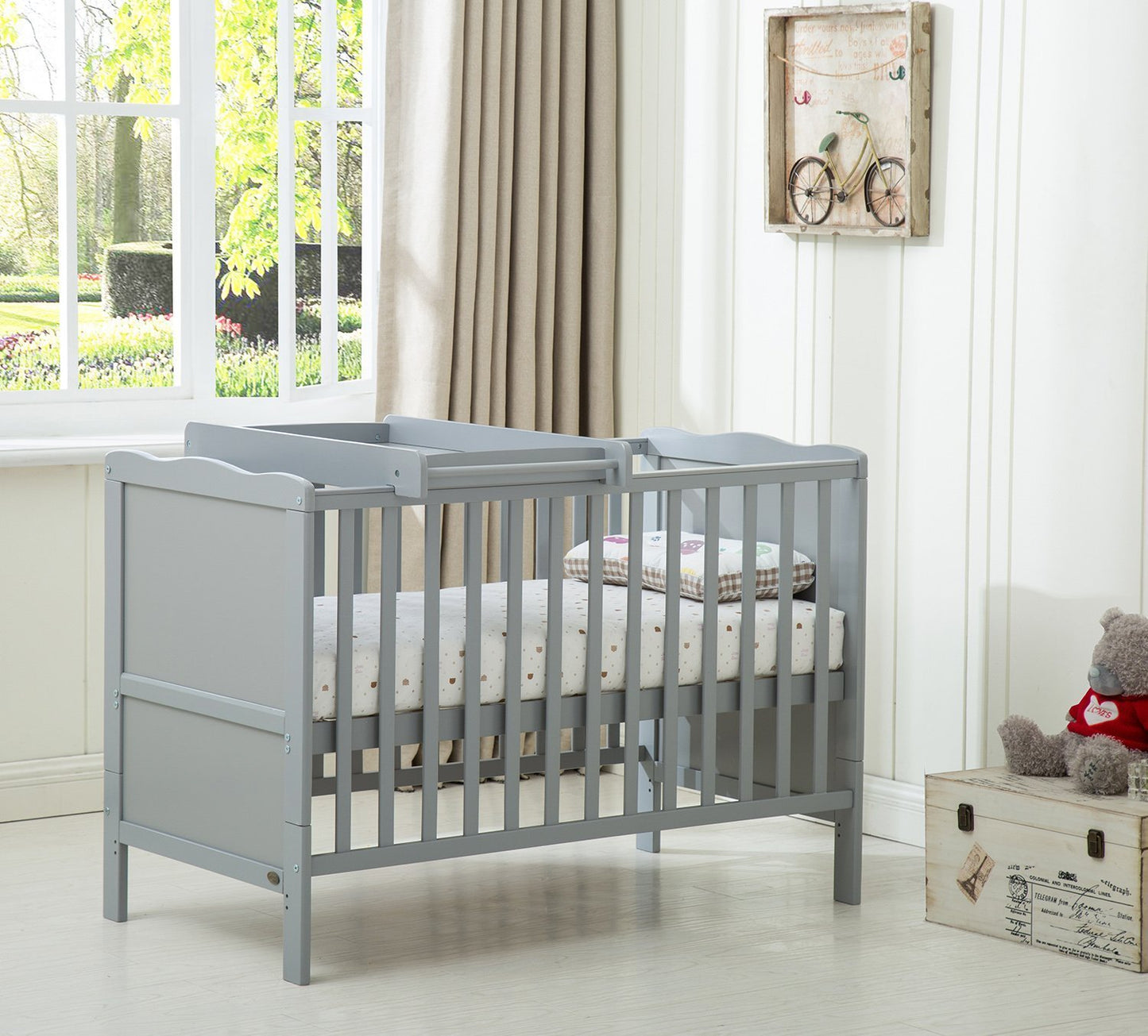 Grey Wooden Baby Cot Bed "Orlando" With Top Changer & Aloe Vera Water repellent Mattress