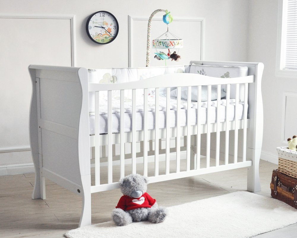 Solid Wooden Baby Cot Bed Savannah City Sleigh Cotbed Toddler Bed & Premier Water Repellent Mattress