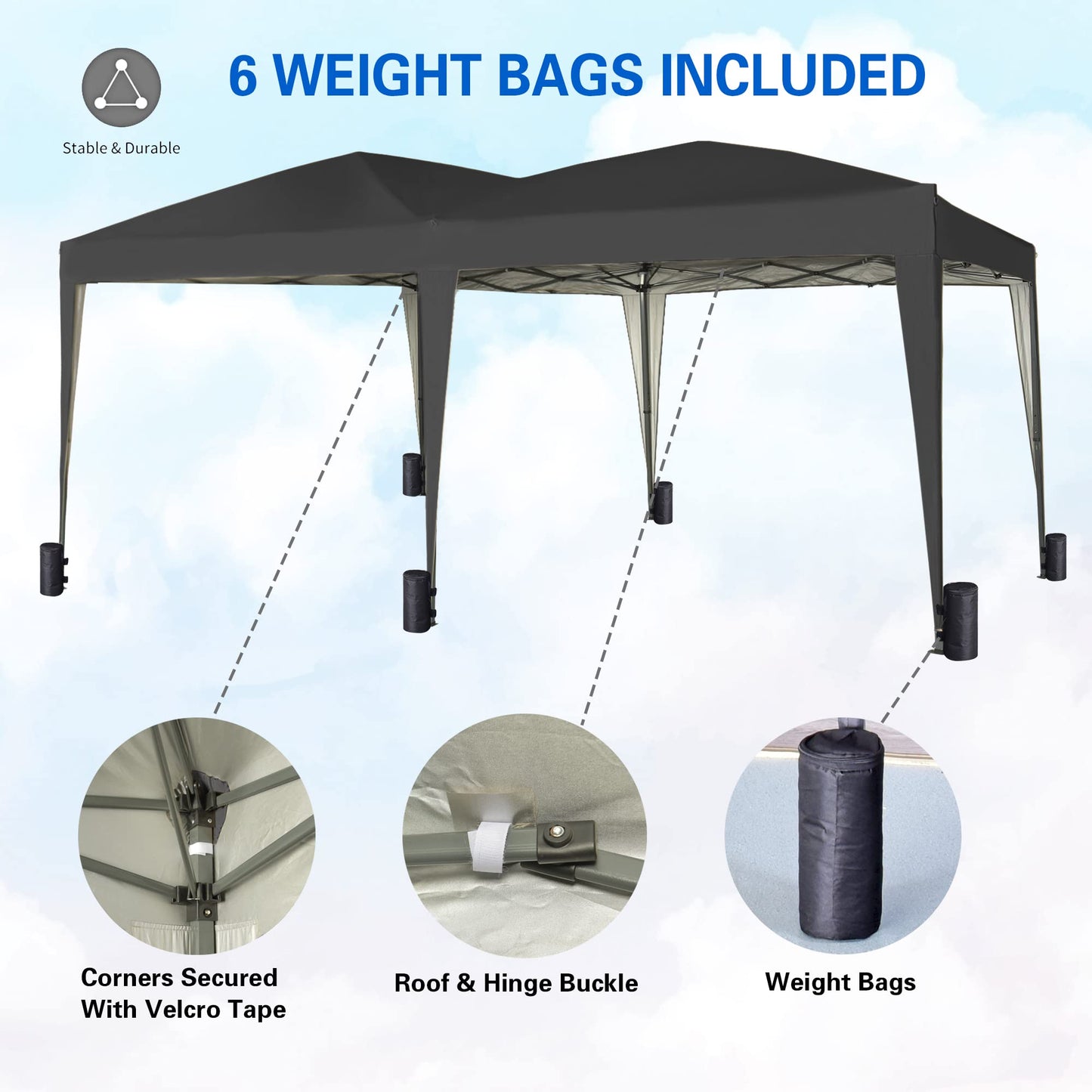 Gazebo Pop-up 3m x 6m with Sides Wind Bars & 6 Weight Bags & Silver Protective Layer Waterproof