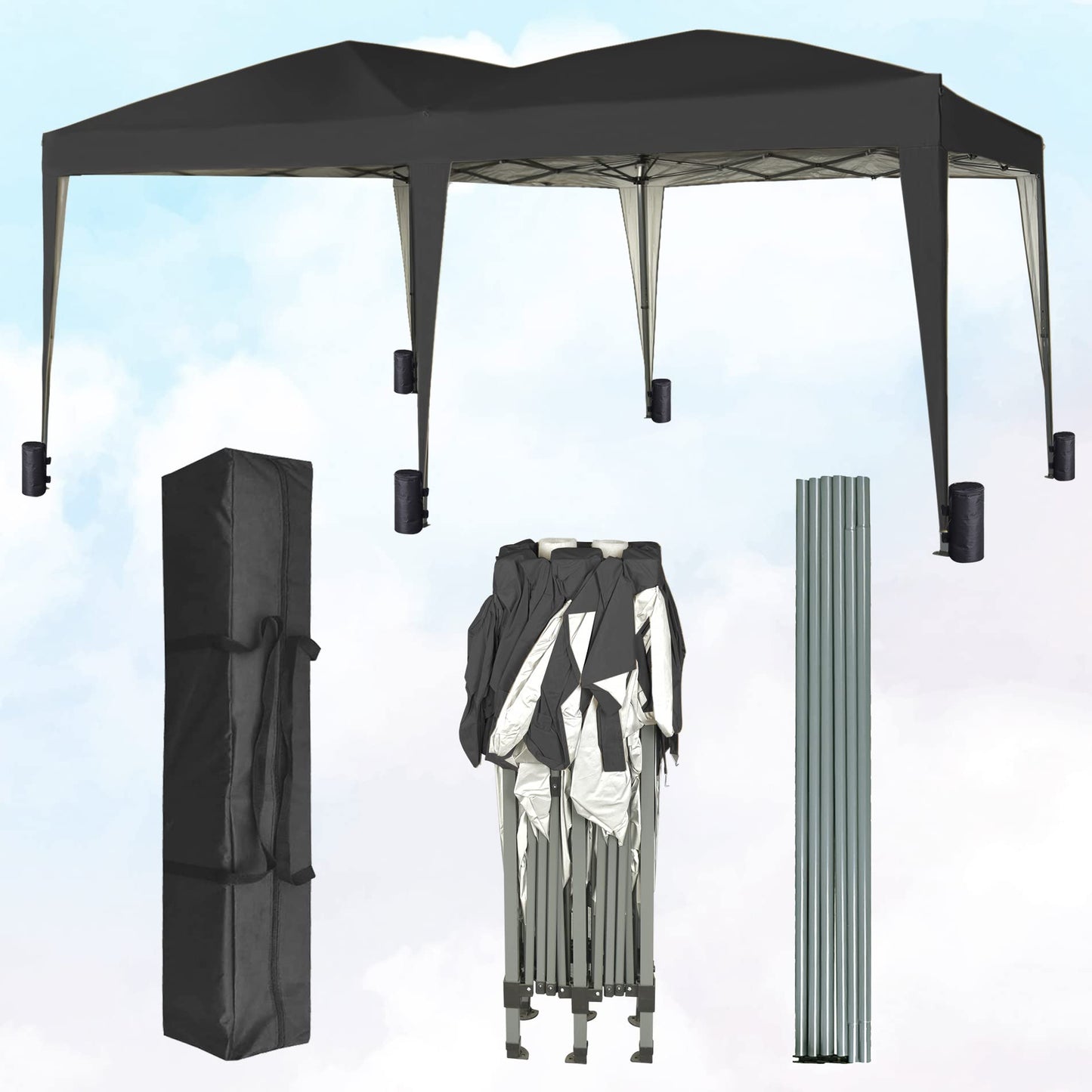 Gazebo Pop-up 3m x 6m with Sides Wind Bars & 6 Weight Bags & Silver Protective Layer Waterproof