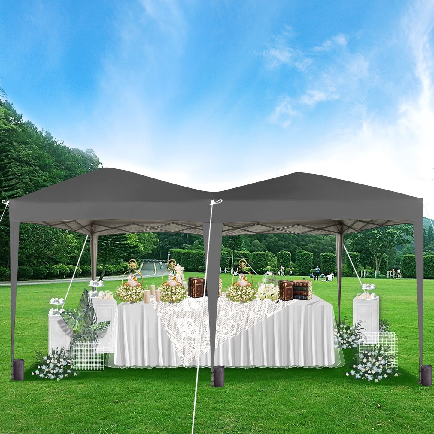 Gazebo Pop-up 3m x 6m with Sides Wind Bars & 6 Weight Bags & Silver Protective Layer Waterproof