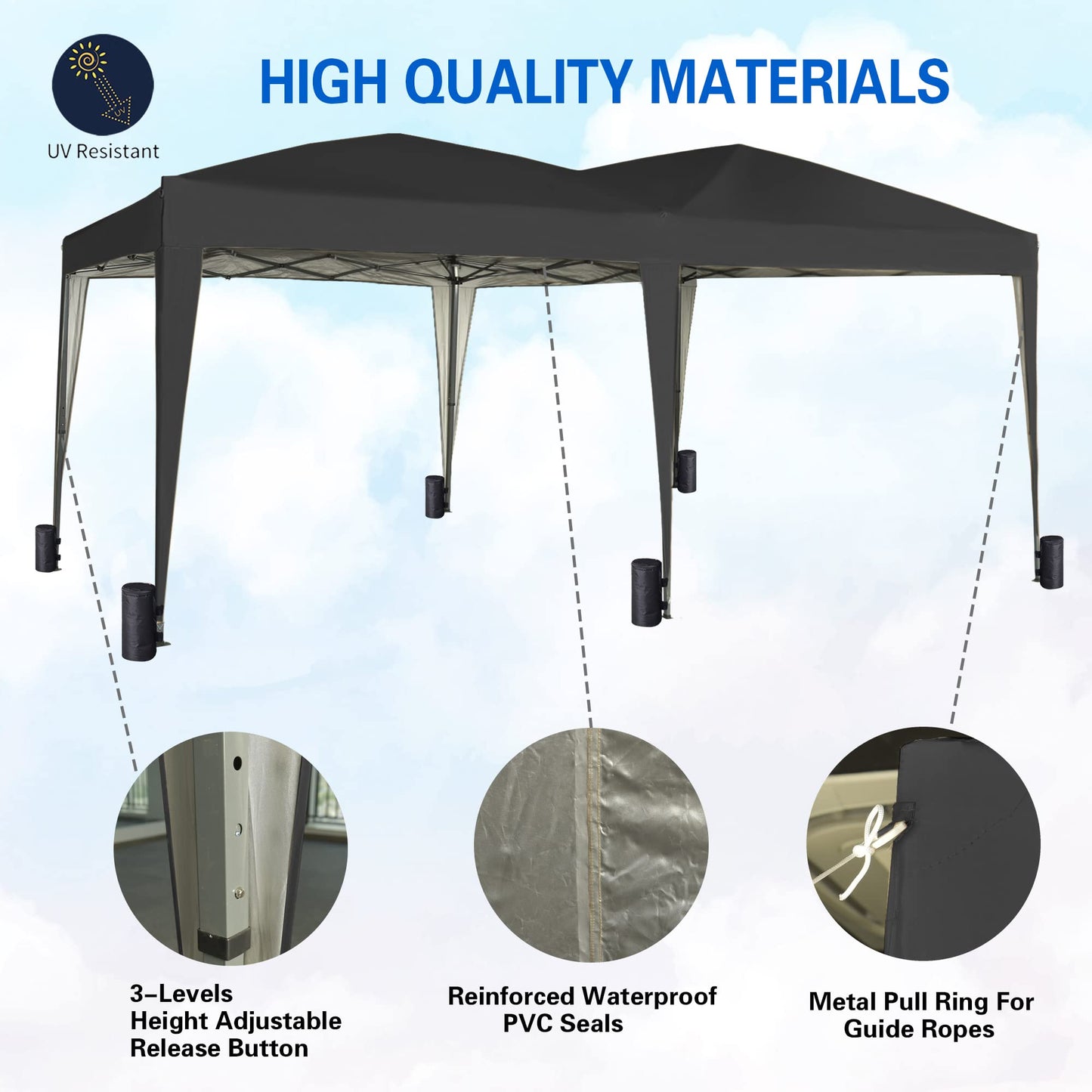 Gazebo Pop-up 3m x 6m with Sides Wind Bars & 6 Weight Bags & Silver Protective Layer Waterproof