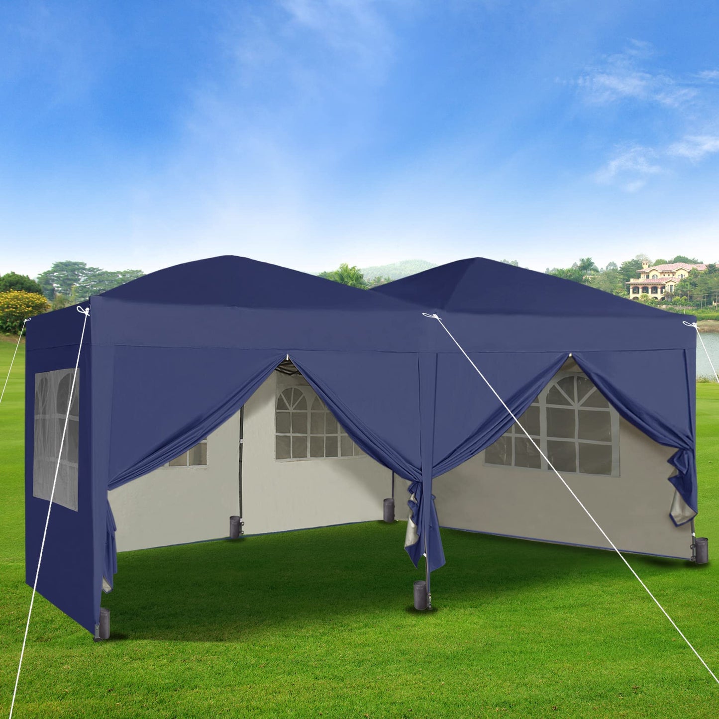 Gazebo Pop-up  3m x 6m with Sides Wind Bars & 6 Weight Bags & Silver Protective Layer Waterproof