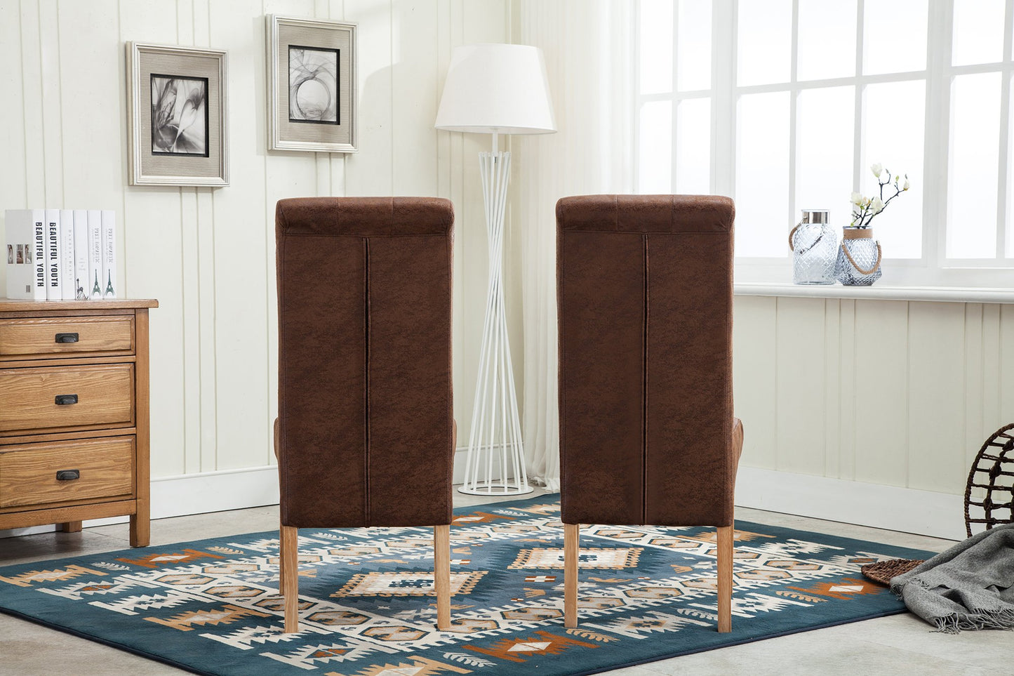 Set of 2 Linen Fabric Dining Chairs Roll Top Scroll High Back For Home & Commercial Restaurants