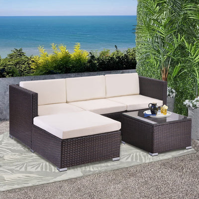 5pcs Rattan Garden Outdoor Furniture Patio Sofa Set with Glass Coffee Table Outdoor Cushions Rupert