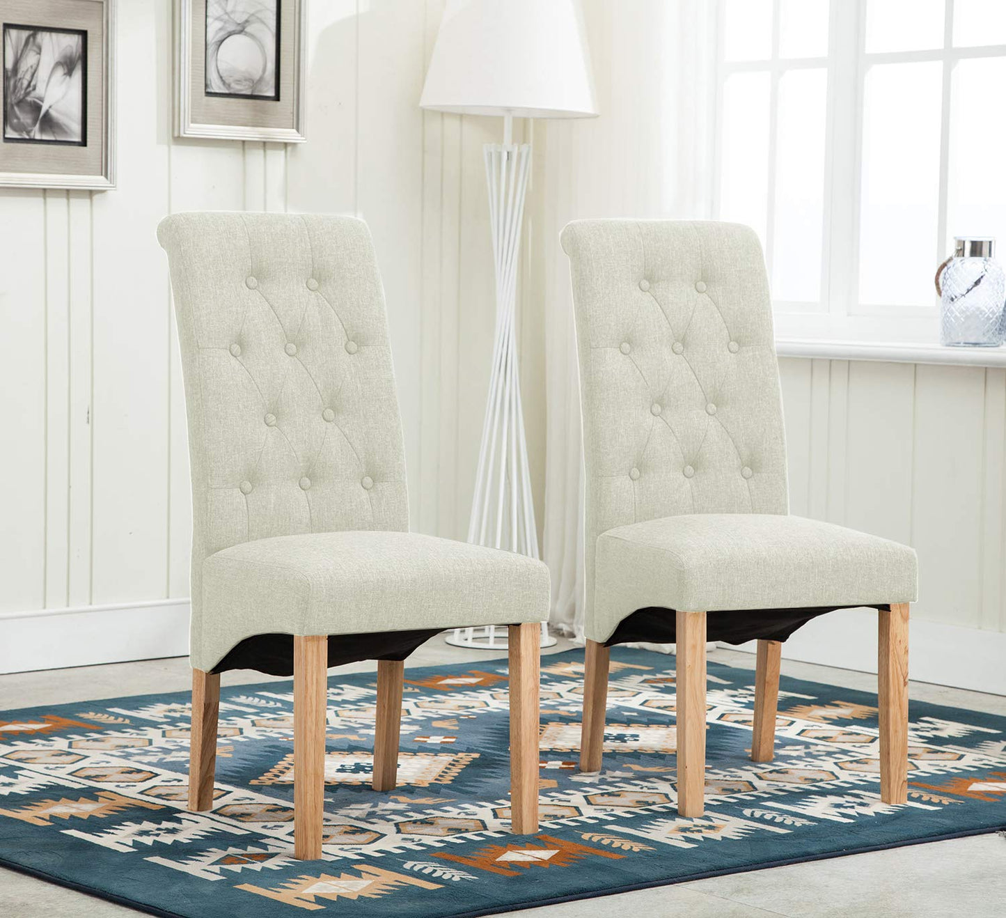 Set of 2 Linen Fabric Dining Chairs Roll Top Scroll High Back For Home & Commercial Restaurants