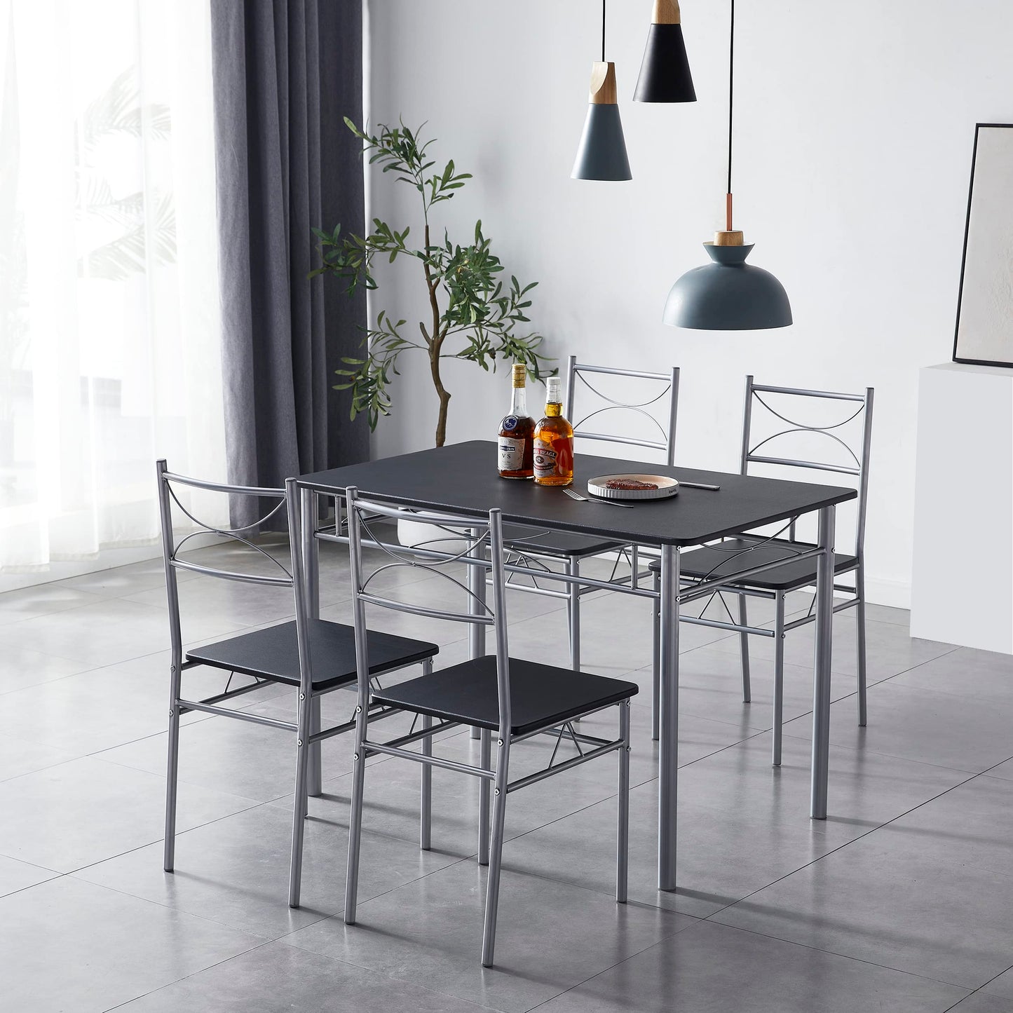 Dining Table and Chairs Set Metal Wood Effect Table Dining Set 4 Chairs Silvia