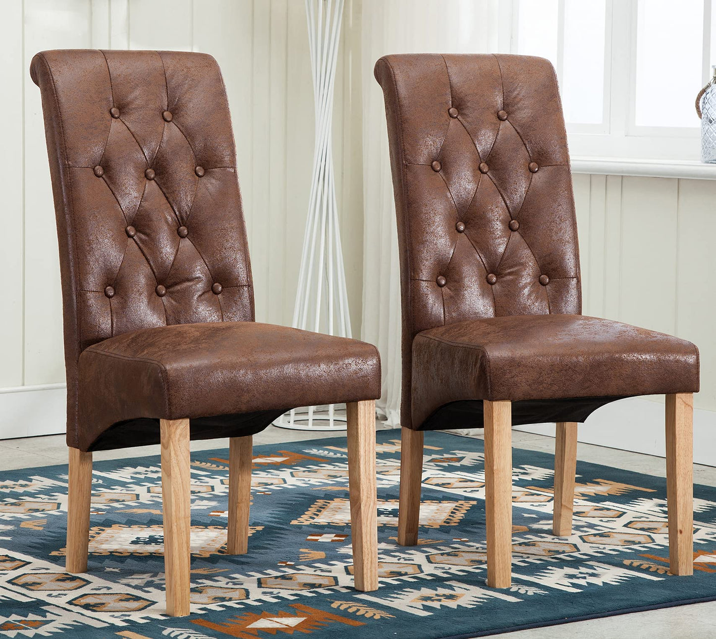 Set of 2 Linen Fabric Dining Chairs Roll Top Scroll High Back For Home & Commercial Restaurants