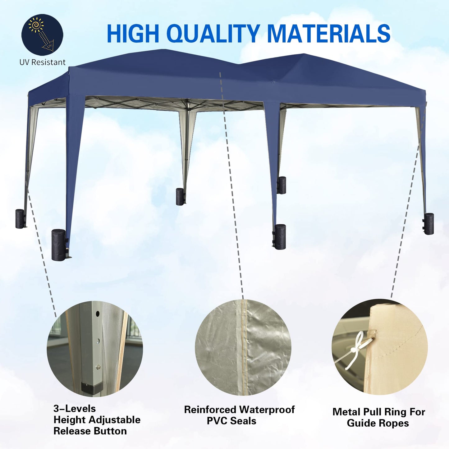 Gazebo Pop-up  3m x 6m with Sides Wind Bars & 6 Weight Bags & Silver Protective Layer Waterproof