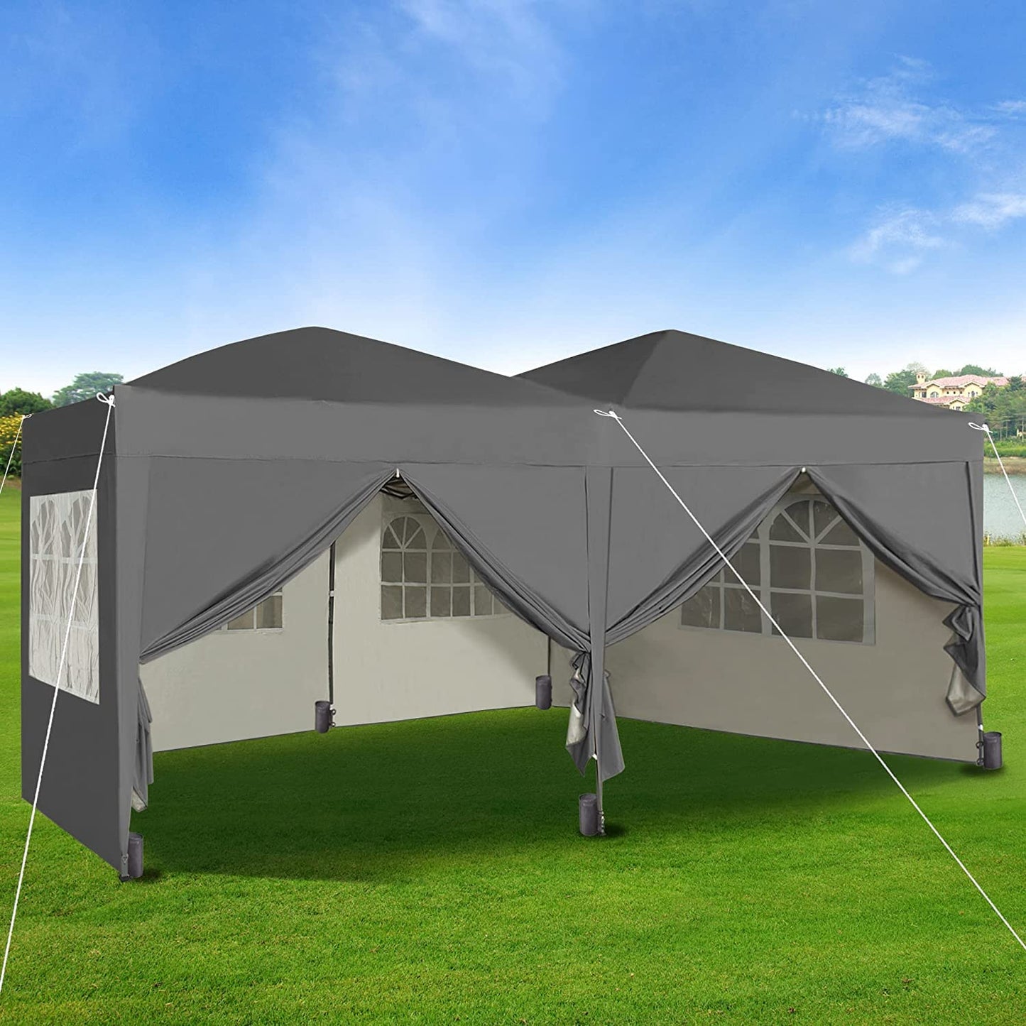 Gazebo Pop-up  3m x 6m with Sides Wind Bars & 6 Weight Bags & Silver Protective Layer Waterproof