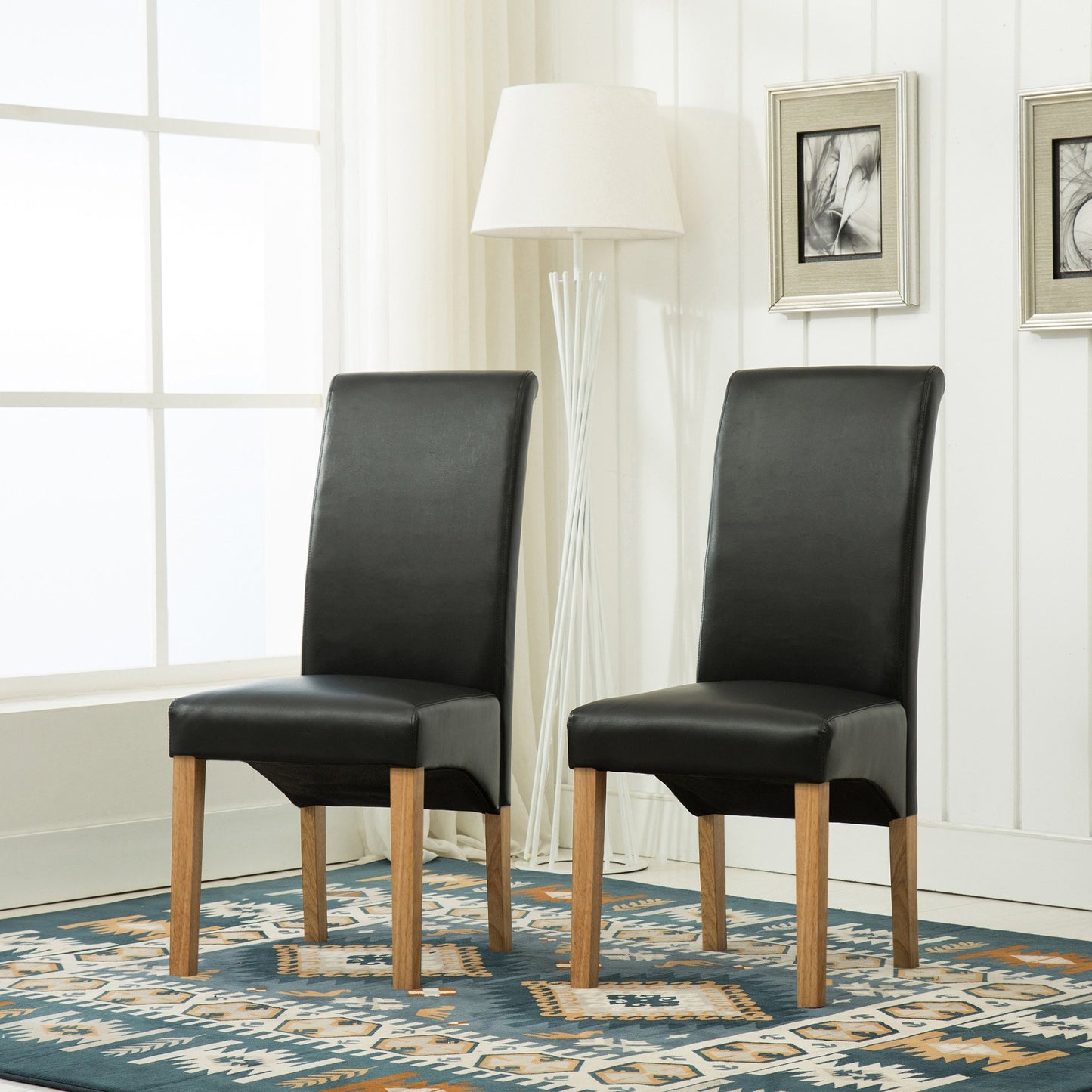 Set of 2 Faux Leather Dining Chairs Roll Top Scroll High Back For Home & Commercial Restaurants