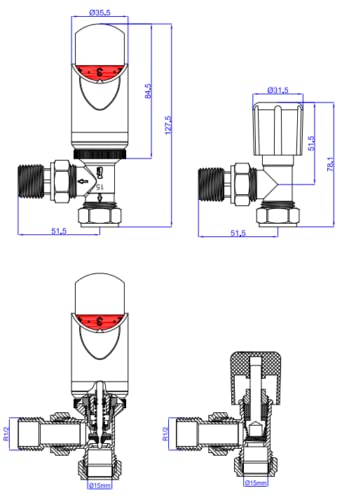 Radiator Valves Thermostatic Radiator Valves Angled or Straight Lockshield UK Valve 1/2" x 15mm