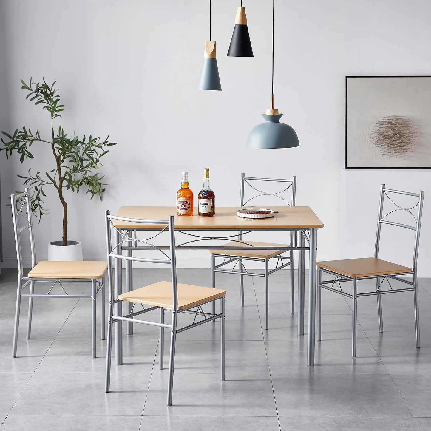 Dining Table and Chairs Set Metal Wood Effect Table Dining Set 4 Chairs Silvia