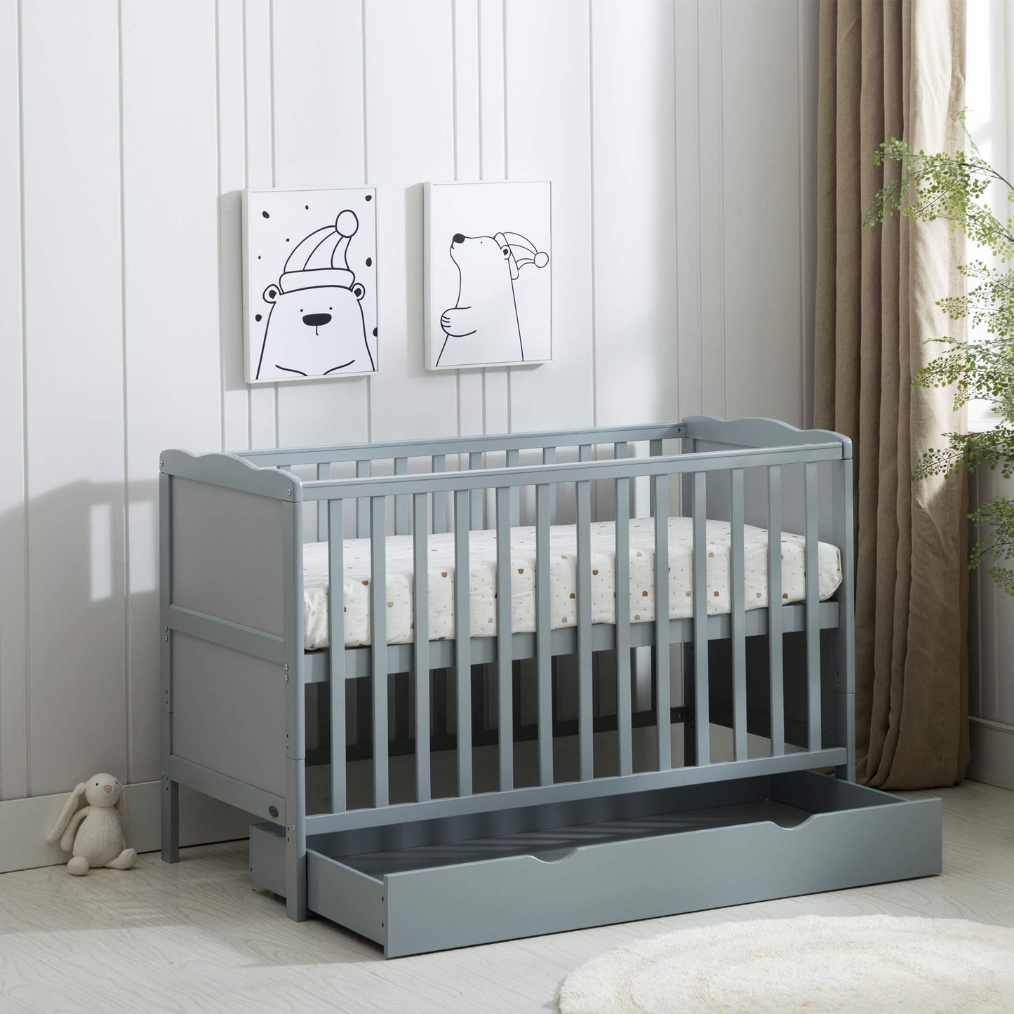 ORLANDO Grey Wooden Baby Cot Bed & Rollaway Drawer & Aloe Vera Water Repellent Mattress