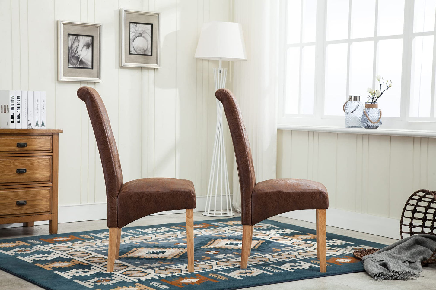 Set of 2 Linen Fabric Dining Chairs Roll Top Scroll High Back For Home & Commercial Restaurants