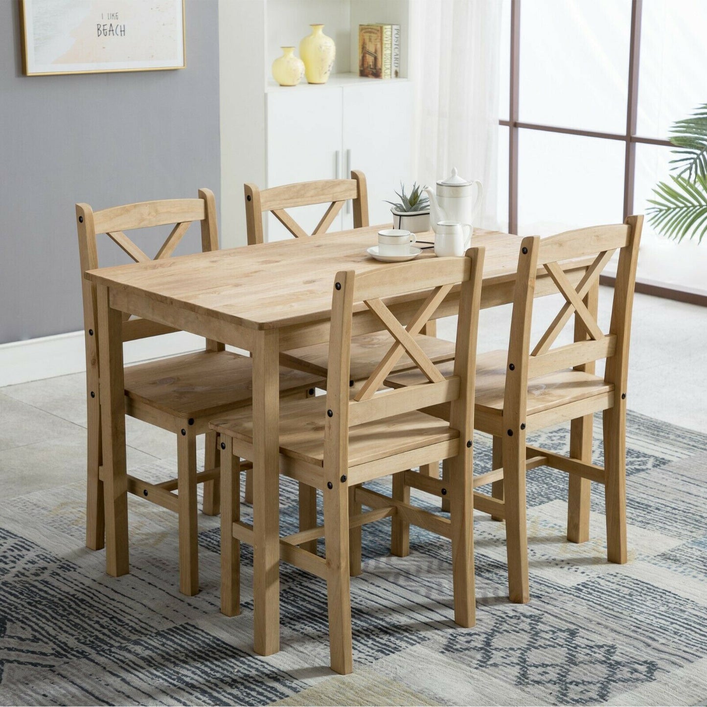 Classic Solid Wooden Dining Table and 4 Chairs Set Kitchen Home